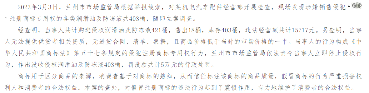 甘肃省市场监管局发布2023年知识产权执法十大案例(图1)