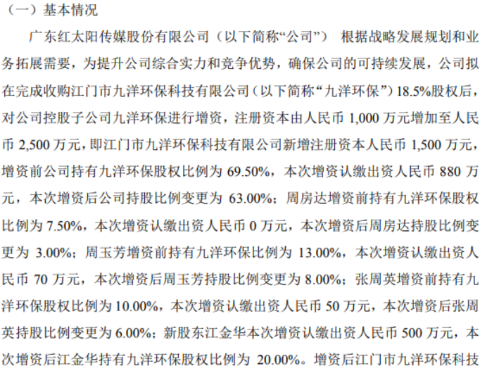 太阳传媒拟对控股子公司九洋环保增资880万 持股63%(图1)