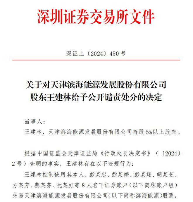 V观财报｜滨海能源股东王建林被深交所公开谴责(图1)